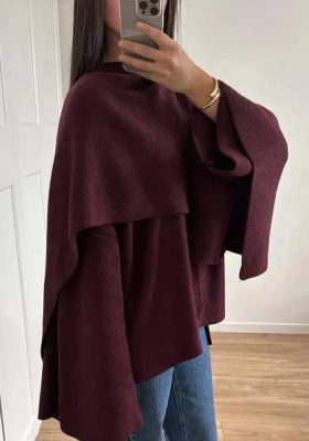 2024 Burgundy Women's Chic Scarf Collar Jackets Autumn Fashion Long Sleeved Casual Loose Coat New Ladies Elegant Street Outwear