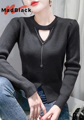 MadBlack, European Warm Sweater, Sexy Women O Neck Hollow Out Chain Top, Fashion Long Sleeve Slim Knitwear, Fall Winter