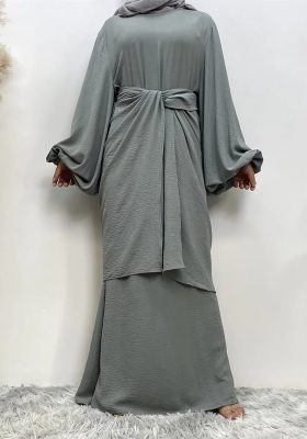 Middle East new fashion Muslim Dubai Turkey Arabia solid color long sleeve dress with wrap fashion Abaya 2 piece set