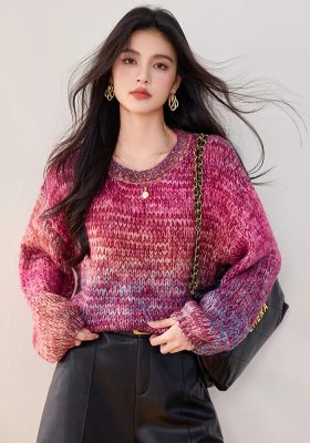 O-neck Gradient Color Knitting Sweaters Autumn Winter Long Sleeve Pullover Tops Women Fashion Casual Versatile Sweater